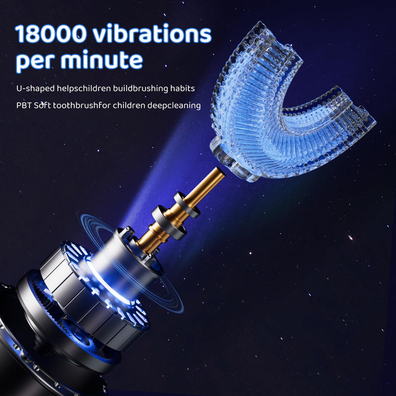 Kids U Shaped Electric Toothbrush, with 3 Cleaning Modes, with 4 Brush Heads, 360° Sonic Automatic Toothbrush, IPX7 Waterproof Cartoon Dinosaur Design (Ages 2-12) Dark Blue