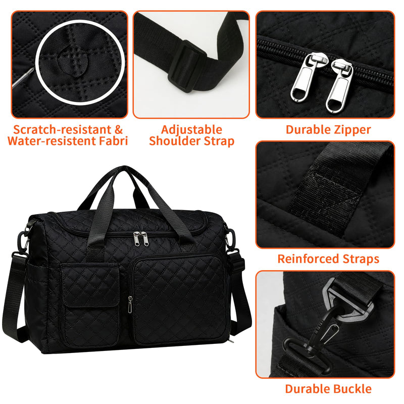 27L Travel Duffle Bag Large Weekender Carry On Tote Bags for Women Men, Sport Gym Bag Overnight Luggage Bags with Wet & Shoe Pocket & Trolley Sleeve for Weekend Business Trips Hospital, Black
