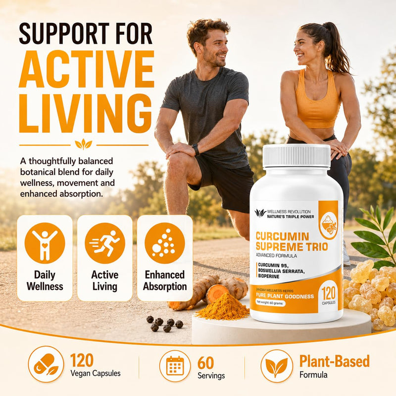 Curcumin Supreme Trio with 95% Curcumin, Boswellia Serrata & BioPerine® | Natural Joint, Mobility & Immune Support | Anti-Inflammatory Turmeric Supplement | 120 Vegan Capsules