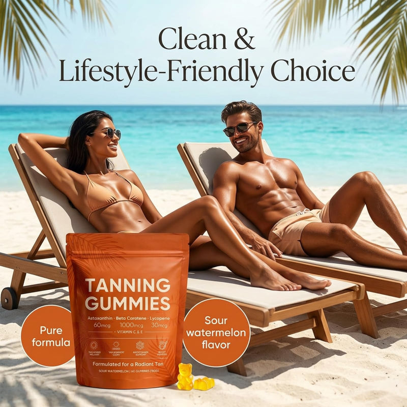 Tanning Gummies Fast Tan Without Sun, Antioxidant with Beta Carotene, Astaxanthin, Lycopene & Vitamins C&E, Sunbed Tanning Accelerator,Tanning Gummies for Sunless Glow, 60 Capsules(1 Bag)