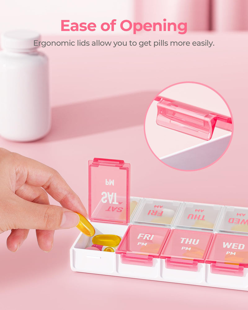 AMOOS Weekly Pill Organizer 2 Times a Day, Large Compartments, BPA-Free | AM PM Pill Box 7 Day in Pink & White, Pill Case Easy to Use, Pill Container for Vitamins, Fish Oils, Supplements, Medicines 01-pink