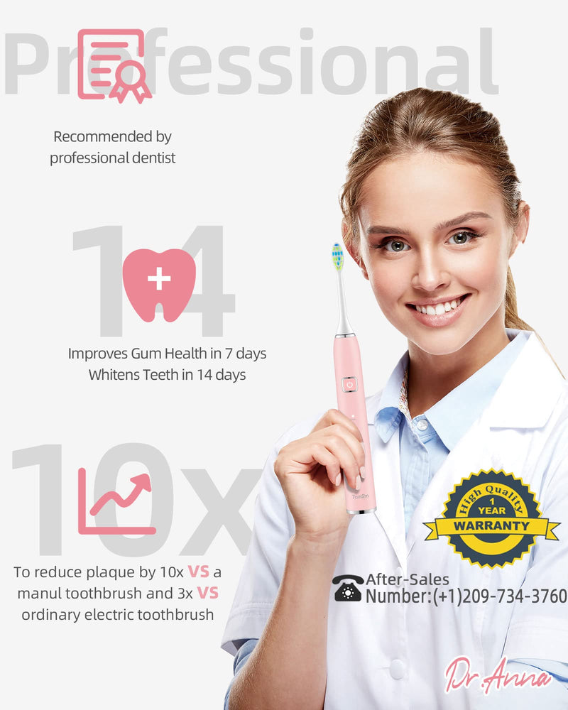 [Australia] - 7AM2M Sonic Electric Toothbrush with 6 Brush Heads for Adults and Kids, One Charge for 90 Days, Wireless Fast Charge, 5 Modes with 2 Minutes Built in Smart Timer, Electric Toothbrushes(Pink) Pink 1 Count (Pack of 1) 
