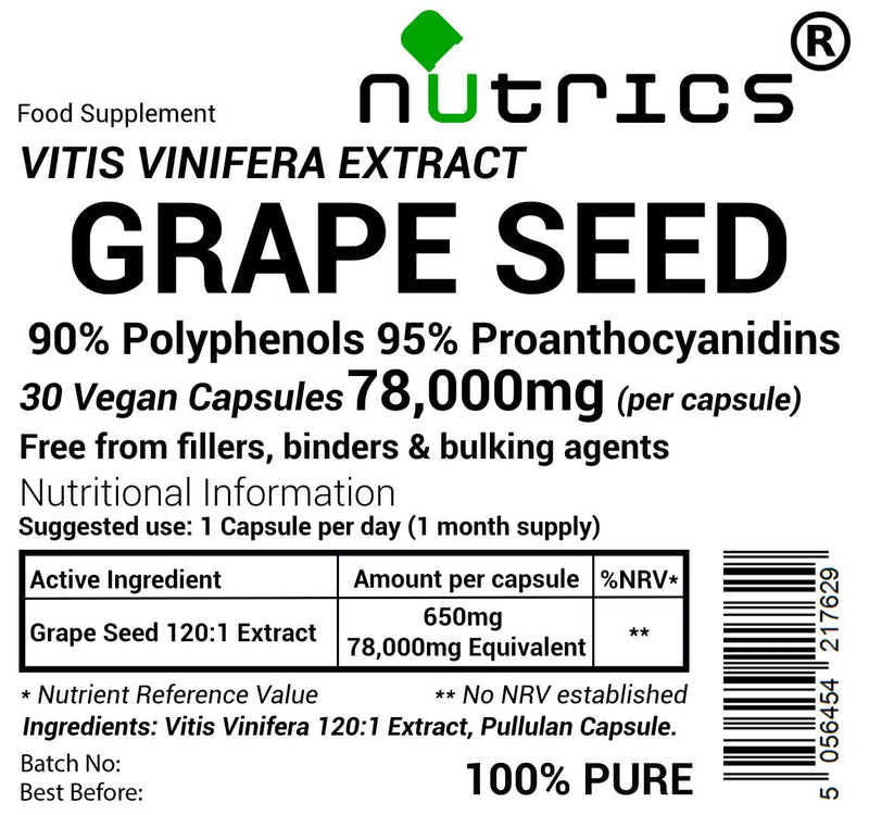 78,000mg (per Capsule) Grape Seed Extract 120:1 95% Proanthocyanidins 90% Polyphenols Pure 30 V Capsules (1 Month Supply) - Pure Grapeseed 1