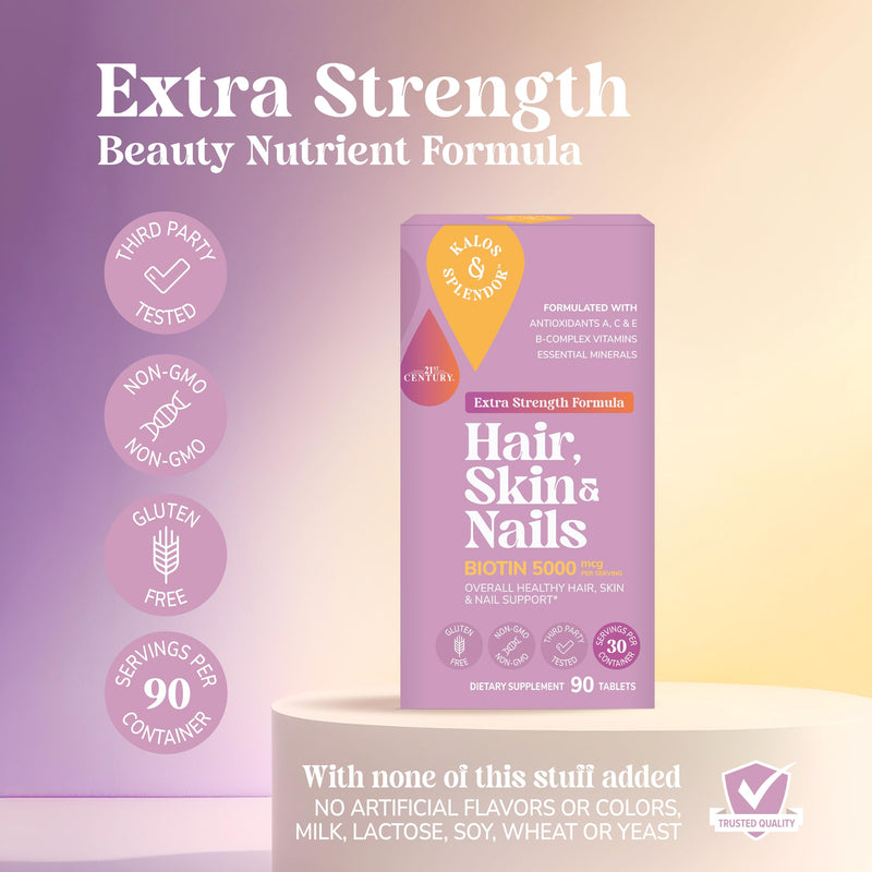21st Century Hair, Skin and Nails Extra Strength Tablets, 90 Count (27847) | Extra-Strength Hair, Skin & Nails Formula with Biotin & Vitamins A, C & E, Beauty Support