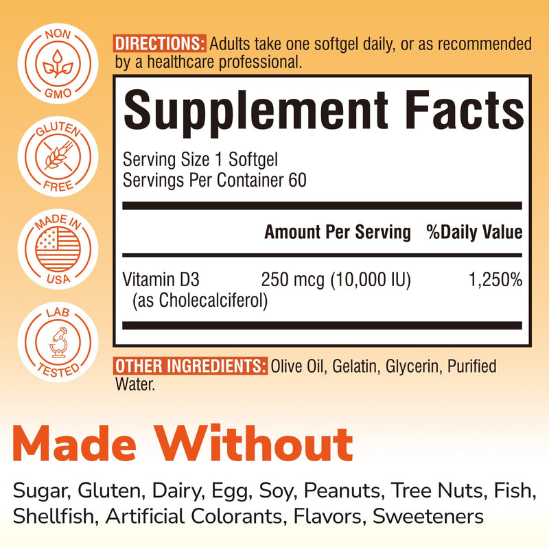Vitalibre Vitamin D3 10,000 IU (250mcg) with Cold Pressed Olive Oil | Maximum Strength, Highly Bioavailable, Immune, Bone & Teeth Health Support, No Soy, Sunshine Vitamin, 60 Mini Softgels 60 Count (Pack of 1)