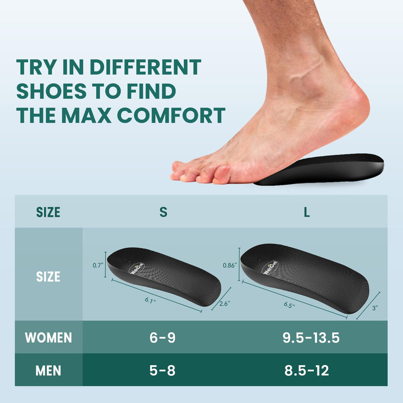 [Australia] - Welnove Heel Support Inserts for Plantar Fasciitis, Low Arch Heel Pads for Heel Pain, Heels, Spurs, Achilles Tendonitis, Women 40.5-45, Men 41-46 Black Large (Women 9.5-13, Men 8.5-12) 