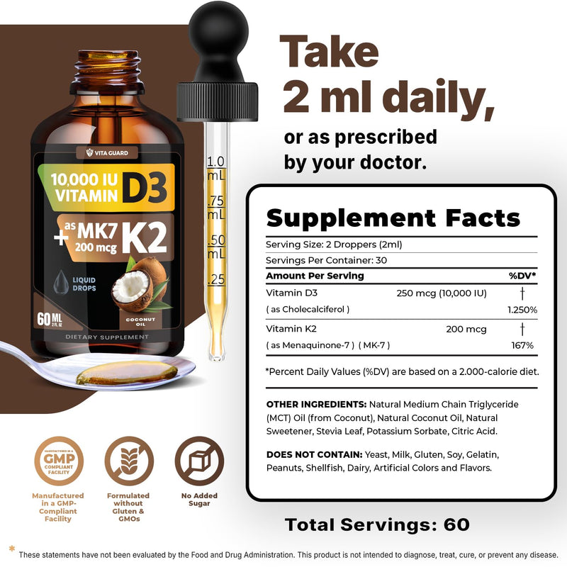 Vita Guard (2 Pack) Vitamin D3 K2 Liquid Drops 10,000 IU + 200 mcg MK-7 – High Absorption, Sugar-Free, Non-GMO, Bone & Immune Booster, Vegan Supplement with Coconut Oil – 60 ml (2 oz)