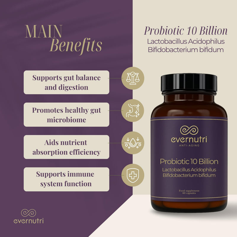 Probiotic 10 Billion - Lactobacillus Acidophilus & Bifidobacterium Bifidum – Gut & Digestive Support – 60 Vegetarian Capsules