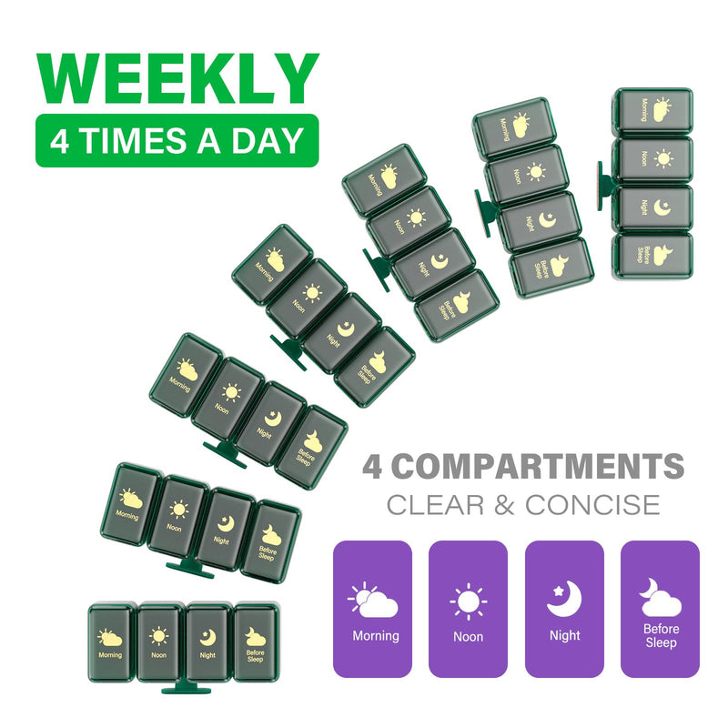 Weekly Pill Organizer 4 Times a Day, Large Compartments Pill Box 4X 7 Day, Medicine Organizer Pill Case for Pills/Vitamins/Fish Oils/Medication/Supplements (4x7 Dark Green) 4 Times x 7 Days