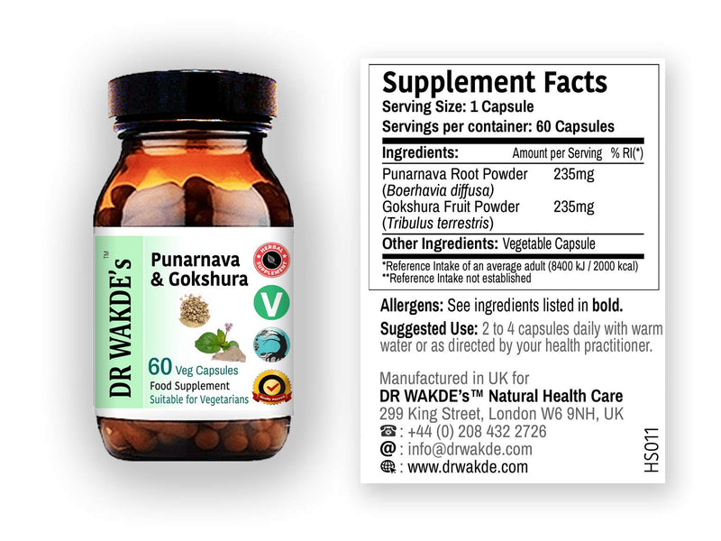 DR WAKDE'S Punarnava & Gokshura Capsules (60 Veg Caps, Promotes Healthy Urinary Flush, Ayurvedic Supplement, Vegan, Herbal, All Natural, Made in UK)