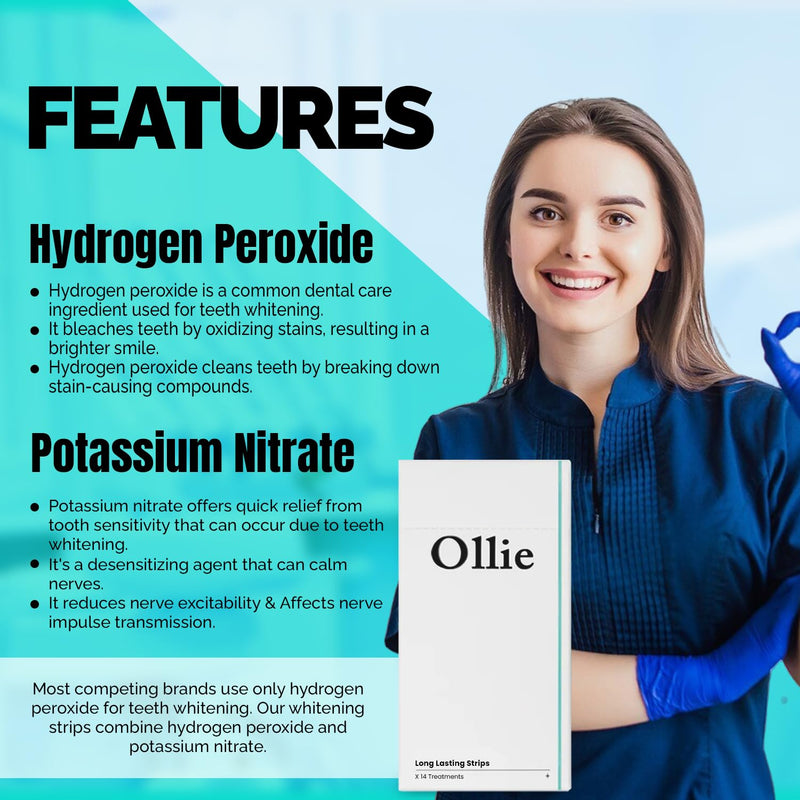 Ollie Transformation Kit Whitening Strips with Hydroxyapatite, 28 Count | Hydrogen Peroxide Formula, Potassium Nitrate for Sensitivity Relief, 14 Treatments, Shade Guide Included, Enamel Safe