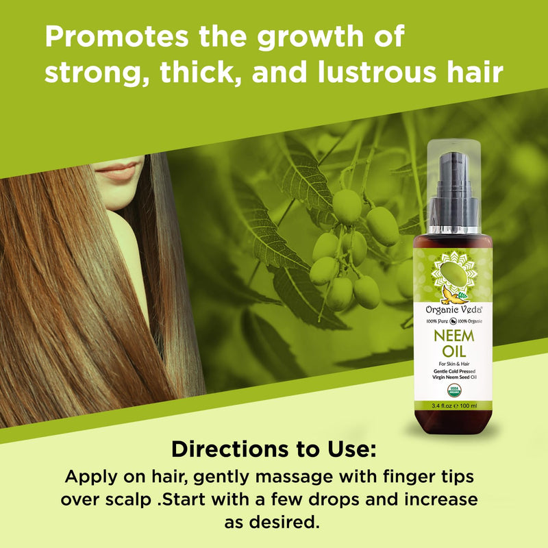 [Australia] - Organic Veda Neem Oil - Pure, Cold Pressed & Organic Neem Oil for Skin, Hair, Face, Body, Scalp - Natural Moisturizer, Virgin Neem seed oil - Rich in Vitamin E, Fatty Acids, Antioxidants - 3.4 fl oz 