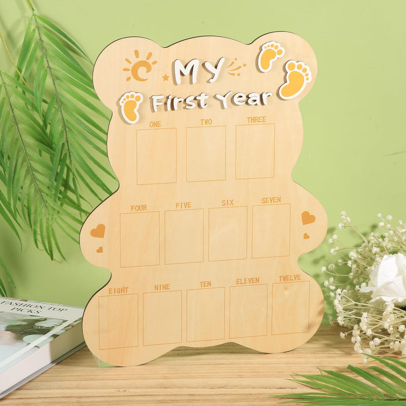 My First Year Picture Frame, Cut Bear Shape Baby Photo Frame Wood Board Personalized 12 Months Baby Photo Display 1st Birthday Memories Gift for Boy Girl Nursery Decoration