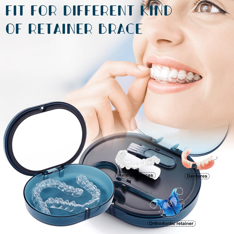 New Double-layer Retainer Storage Case with Belt Chewing,Removal Tool,Cleaning Brush,Built in Mirror Orthodontic Retainer Case,Mouth Guard Case,Denture Case blue