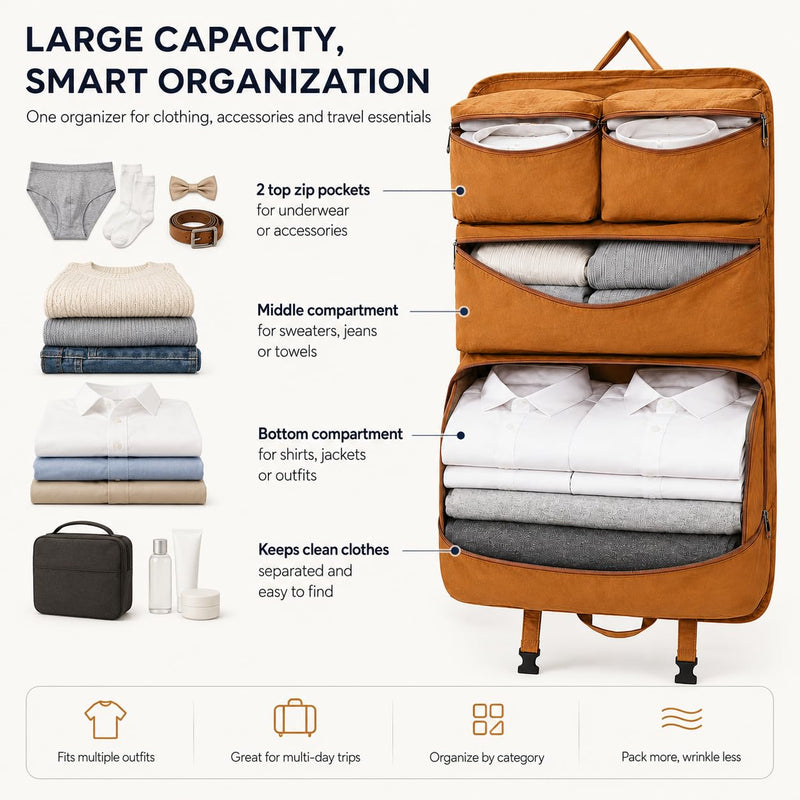 Travel Duffel Bag Large Foldable Bag Carry On Closet Luggage Insert with Heavy Duty Hooks, Portable Wardrobe Suitcase Organizer for Business Trips & Weekend Getaways travel storage bag