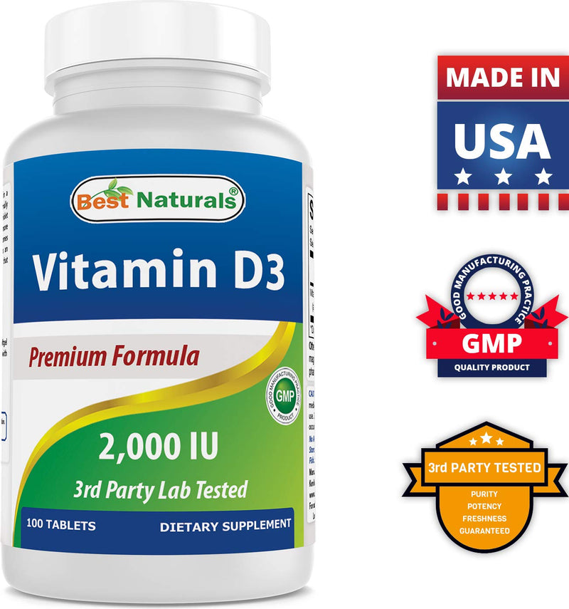 Best Naturals Vitamin D3 2000 IU (50 mcg) - 100 Tablets - 100 Days Supply - Helps Support Immune Health, Strong Bones and Teeth, & Muscle Function (100 Count (Pack of 2))
