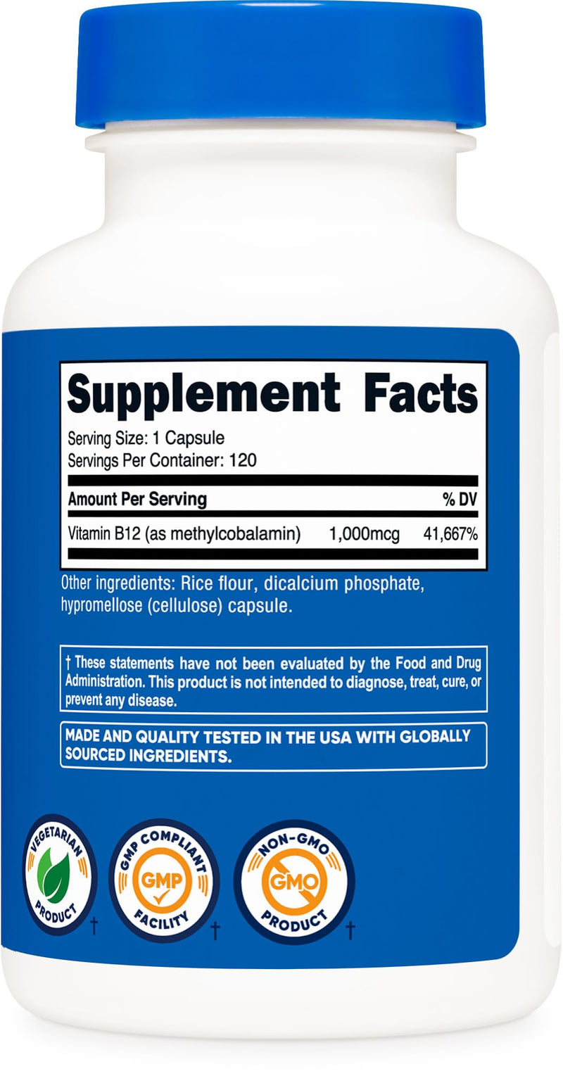 Nutricost Vitamin B12 (Methylcobalamin) 1000mcg, 120 Capsules, Gluten Free | Vegetarian, GMO-Free B12 Supplement 120 Count (Pack of 1)