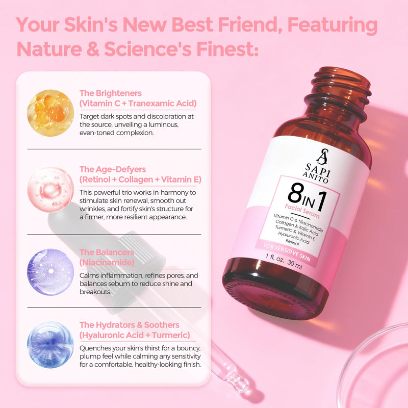 Sapi Anito 8-in-1 Sensitive Face Serum, Vitamin C, Niacinamide, Collagen, Kojic Acid, Turmeric, Vitamin E, Hyaluronic Acid & Retinol, Lightweight Hydrating Serum for Sensitive Skin, 1 fl oz (30 ml)