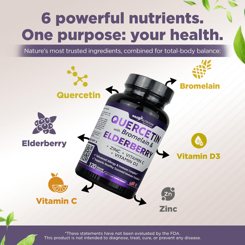 Gade Nutrition Quercetin with Bromelain Elderberry Vitamin C and Zinc | Sambucus Immune Support Supplement 500mg Capsules | Gluten-Free | Made in USA | 4 Month Supply 120 Count (Pack of 2)