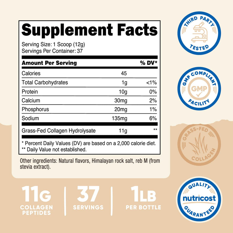 [Australia] - Nutricost Collagen Peptides Powder 1LB (454 G) (Vanilla) - Grass Fed Bovine Collagen Hydrolysate Vanilla 1 Pound (Pack of 1) 