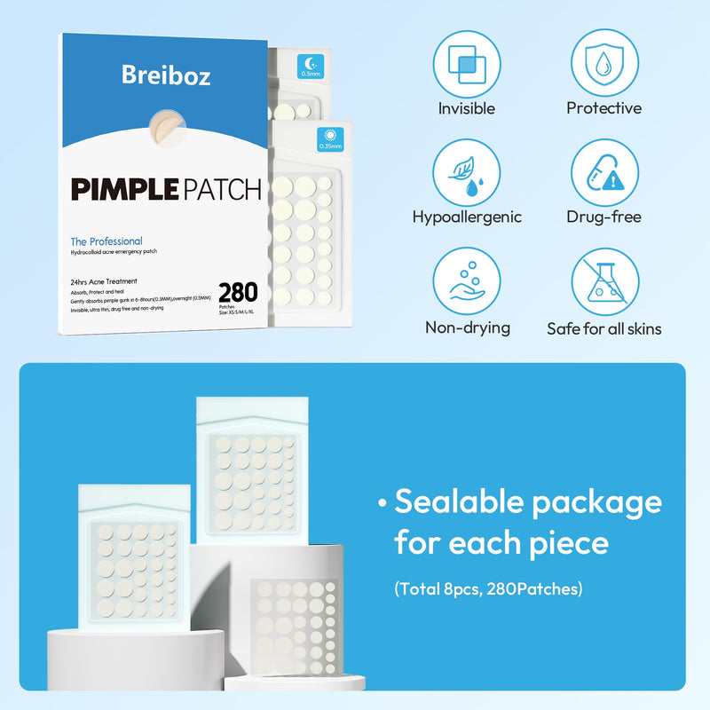 [Australia] - Pimple Patches for Face, Hydrocolloid Ace Patches, Zit Patches for Day and Night Invisible with Tea Tree, Salicylic Acid & Cica Oil-280 Patches,5 Size,2 Thickness 