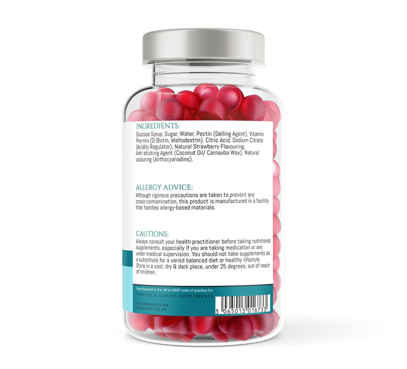 Biotin 5000ug Hair, Skin & Nail Vitamin Gummy | 60 x Vegan Strawberry Flavoured chewable Gummies for Men & Women | Beard, Hair, Skin & Nail Supplement