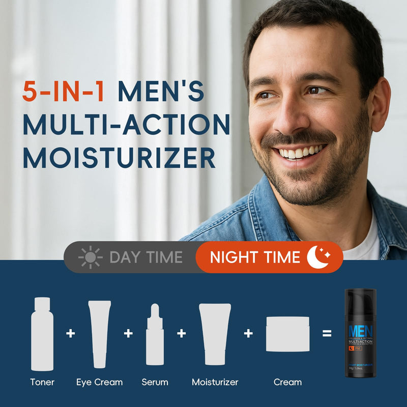 Mens Face Moisturizer Night Cream, Deep Hydrating Multi-Action Lotion, Vitamin E, Collagen & Retinol, Hyaluronic Acid, Firming Smoothing, Lifting, Mens Face Cream for Face & Neck Skin Care Night Moisturizer