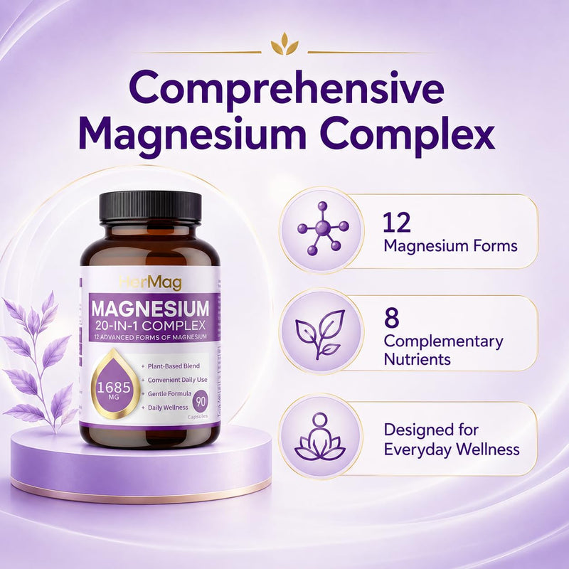 HerMag 20-in-1 Magnesium Complex, 12 Forms of Magnesium with Vitamin B6, Zinc & Nutrient Blend, Daily Wellness Supplement, 90 Capsules