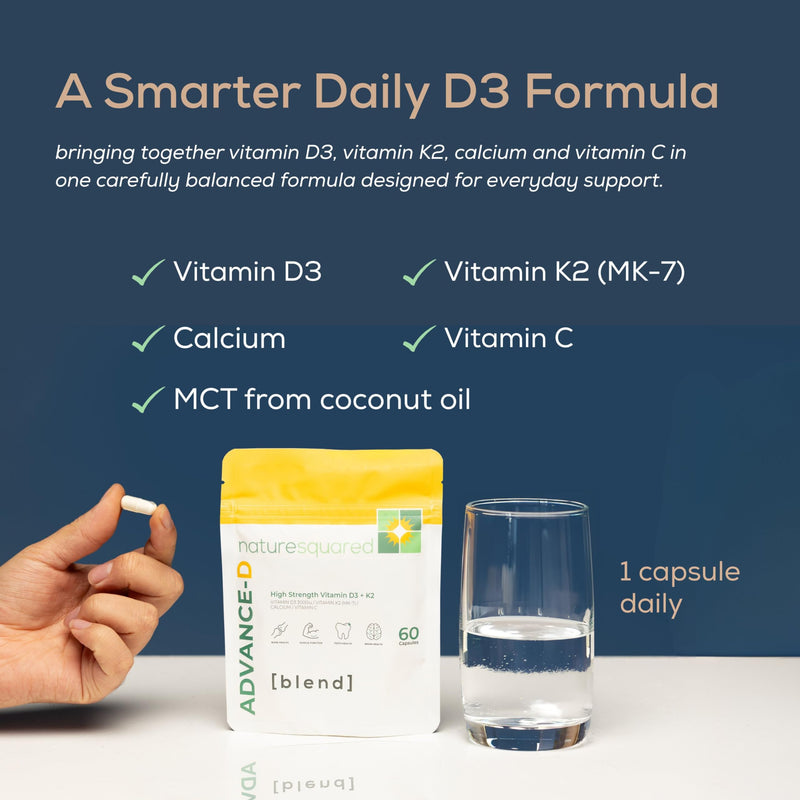 Advance-D [Blend]: Premium Vitamin D3 3000IU + K2 200ug (MK7) with Calcium, Vitamin C & MCT Oil - 60 High Strength Capsules - 2 Month Supply - Non GMO - Gluten Free - GMP - UK Made