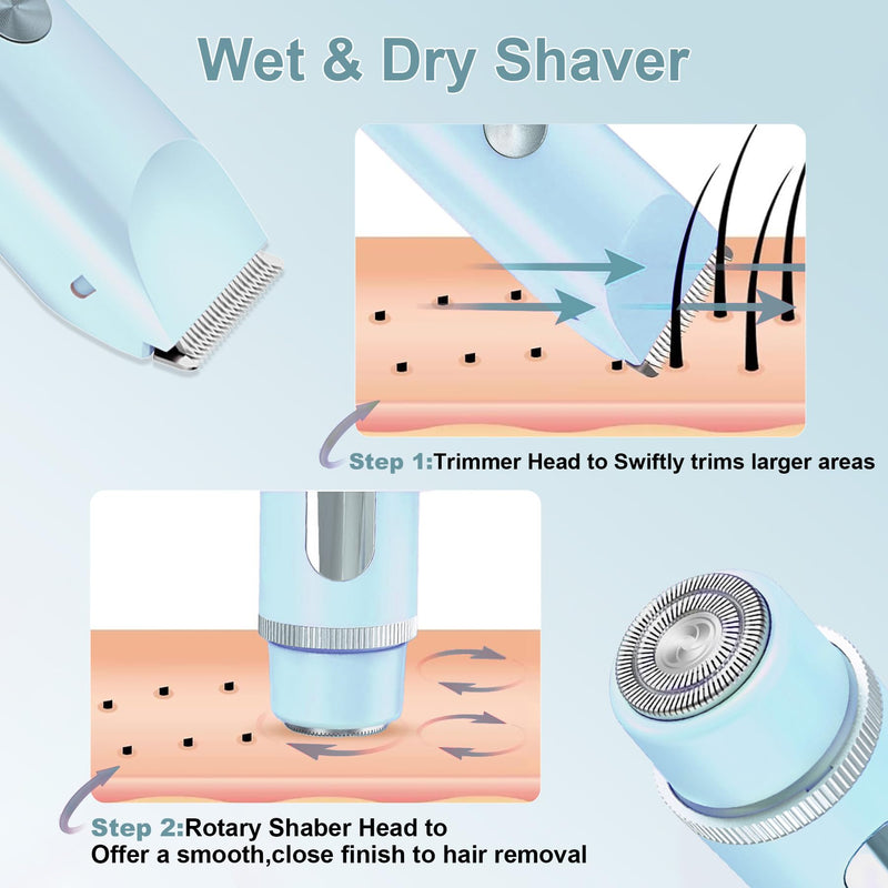 Bikini Trimmer for Women with LCD, Cordless& Painless& Waterproof Dual Head Shaver for Women Private Area& Face& Body, 2-in-1 Electric Razors, Bikini Shaver, Hair Trimmer Travel Grooming Kit Blue