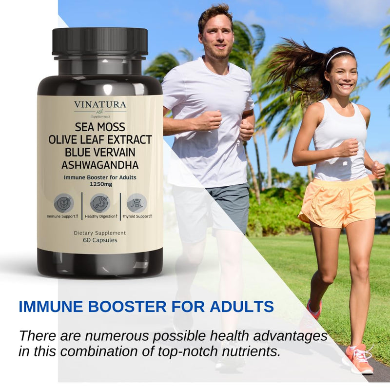 [Australia] - Organic Sea Moss, Blue Vervain - with Black Seed Oil, Ashwagandha, Ginger, Burdock Root Capsules - 1250mg per serving, USA Made &Tested* Immune Booster for Adults 