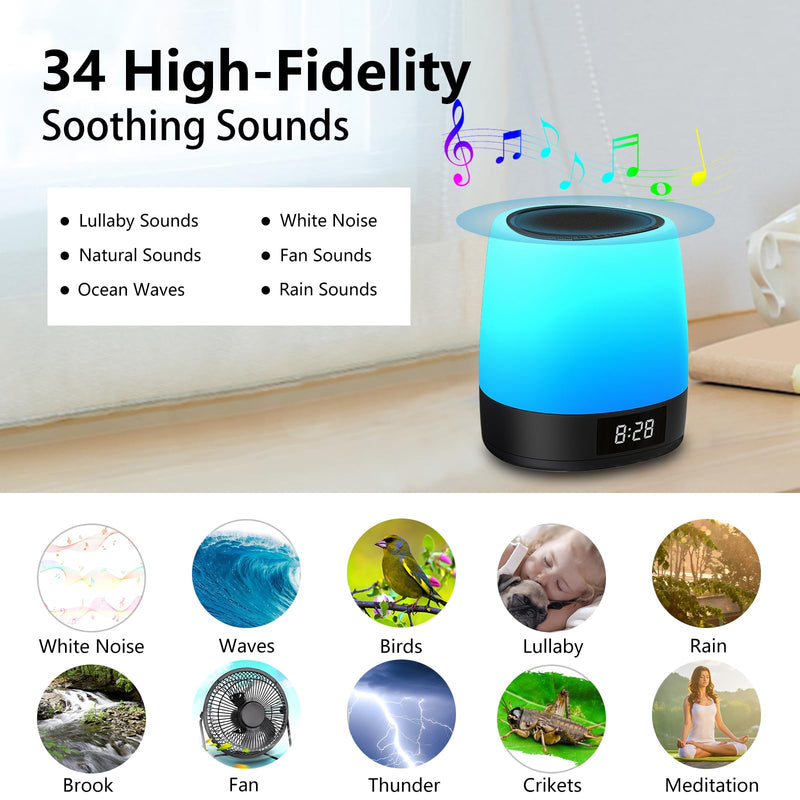 [Australia] - White Noise Sound Machine with 34 Sleep Sounds 8 Colors Night Light, Battery Powered Integrated Alarm Clock Bluetooth Function Sleep Timer, White Noise Machine for sleeping Adults Baby Kids Black 