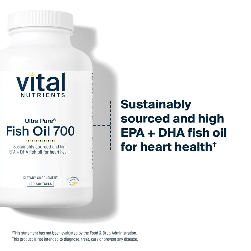 [Australia] - Vital Nutrients Ultra Pure® Fish Oil 700 | Supports Heart, Brain, and Joint Health* | Sustainably Sourced High EPA & DHA Omega-3 Fatty Acid | Lemon Flavor | Gluten, Dairy & Soy Free | 120 Softgels 120 Count (Pack of 1) 