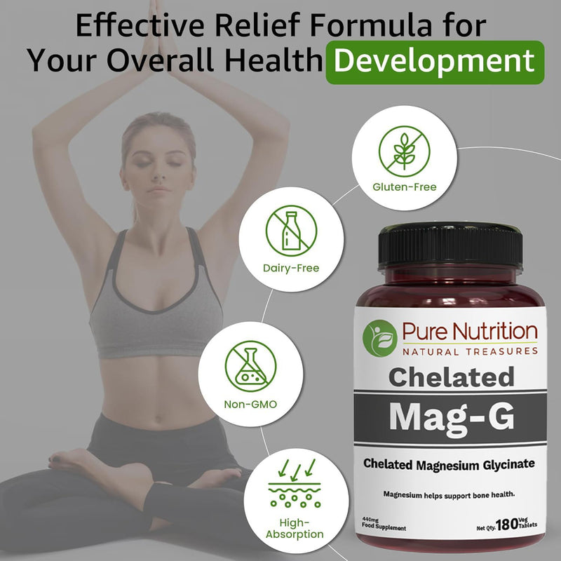 Pure Nutrition MagG - Chelated Magnesium glycinate Supplement | 180 Tabs | 440mg Elemental Magnesium | High Absorption Supplement to Support Overall Well Being