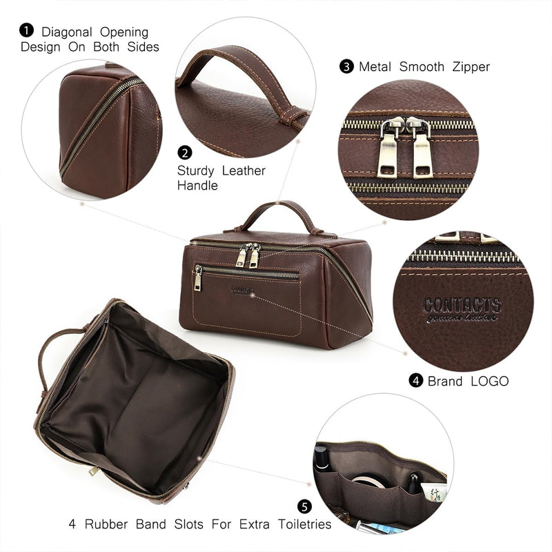 CONTACTS Full Grain Leather Travel Toiletry Bag for Men Large Wash Bag with Handle Bathroom Shaving Dopp Kit Toiletries Organizer Vintage Cosmetic Bag Red Brown