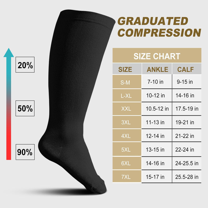 [Australia] - ZFSOCK Compression Stockings Thick Calves Men: Support Stockings Women Medical Compression Socks 20-30mmhg Plus Size Men Women Travel Stockings for Nurses Air Travel Sports 1 Pair 4XL Black 
