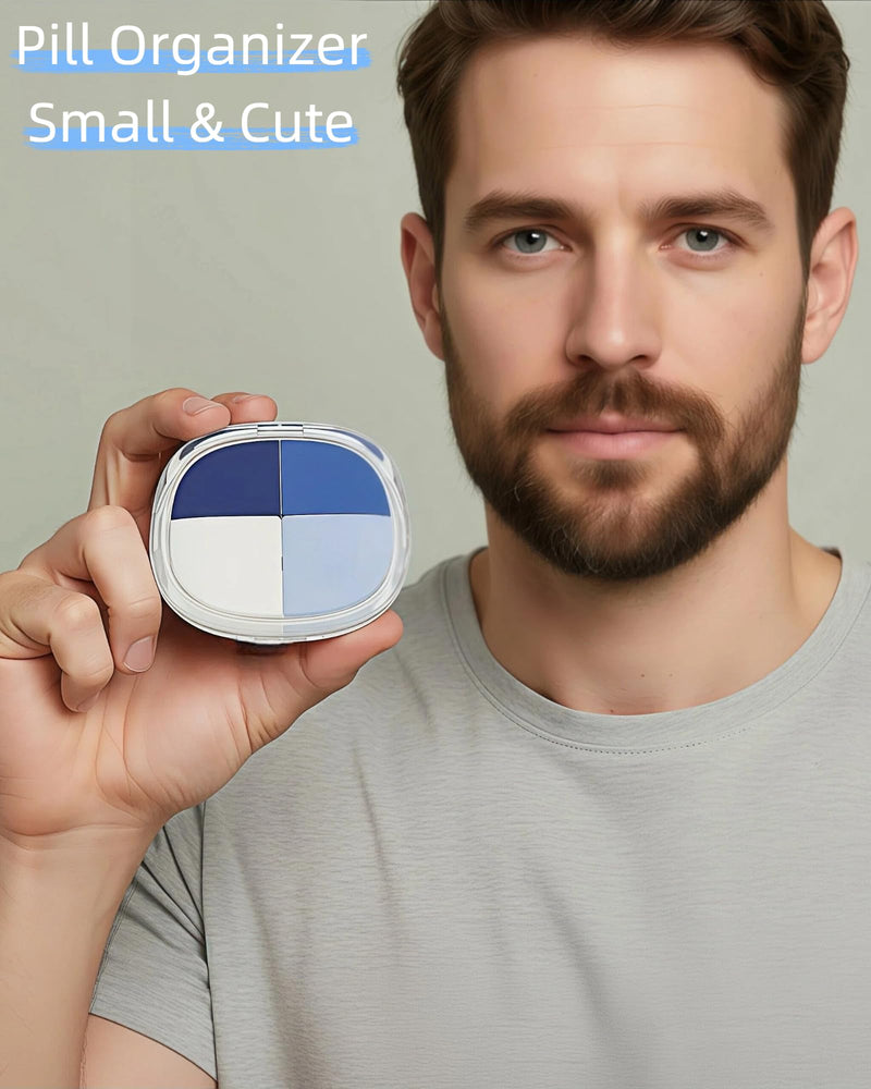 Portable Pill Organizer, Small Pill Case with Pocket 4 Compartments, Travel Pill Box, Pill Container to Hold Vitamin, Fish Oil, Supplement or Jewelry (Blue, 4 Case) Blue