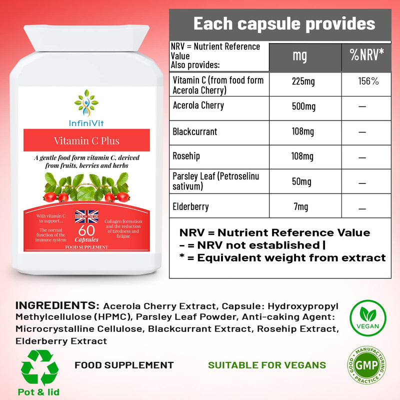Natural Vitamin C Capsules, Sourced from Acerola Cherry, Food Form Vitamin C for Enhanced Absorption and Bioavailability
