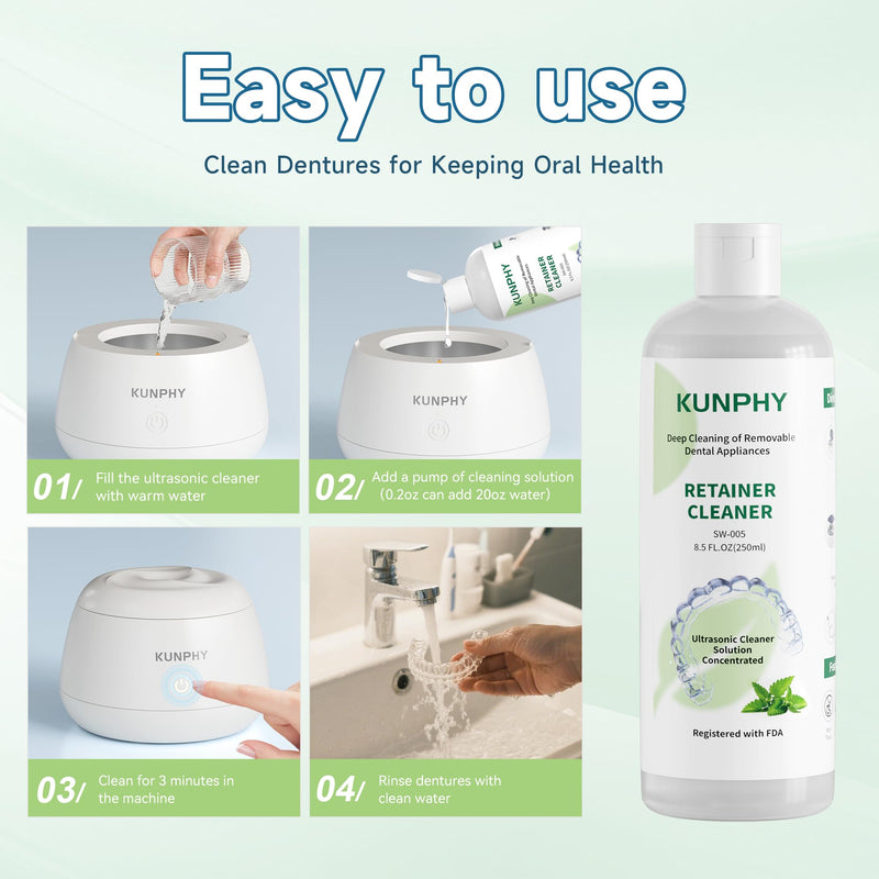 [Australia] - KUNPHY Ultrasonic Retainer Cleaner Solution Concentrate-Professional Cleaning of Retainers, Denture, Invisible Aligners, Mouth Guards, Night Guards, Remove Odors, Discoloration & Stains 8 oz(Mint) 8 Ounce 