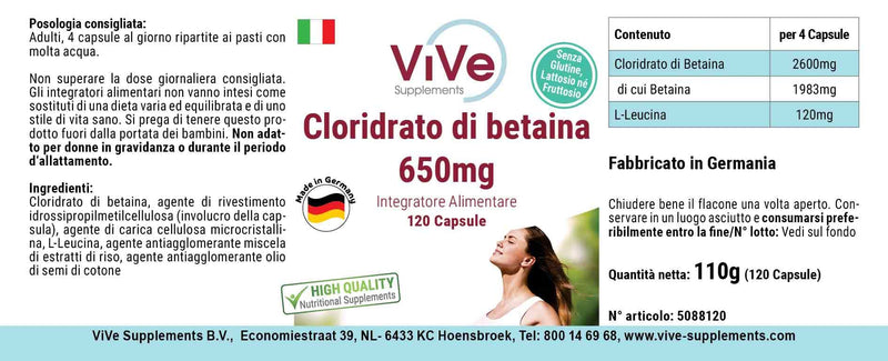 [Australia] - Betaine hydrochloride 650 mg - 120 capsules for 1 month - 76% betaine - high dosage and vegan | Quality from Germany from ViVe Supplements 