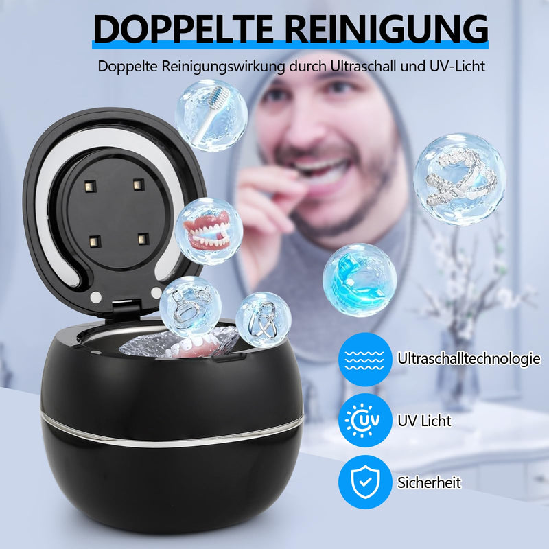 [Australia] - Ultrasonic Cleaner for Dentures, 42000HZ 180ml Ultrasonic UV Cleaner, 30W Ultrasonic Cleaner for Dentures, Aligners, Retainers and Mouth Guards (Black) Black 