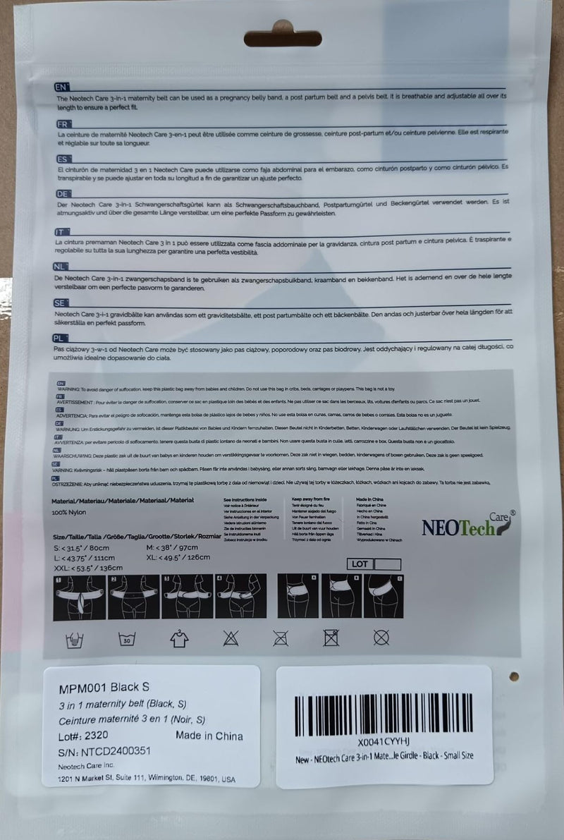 [Australia] - NeoTech Care 3-in-1 Maternity Pregnancy Support, Postpartum Belly Wrap & Pelvis Belt/Brace/Band (Black, Small Size) S Black 