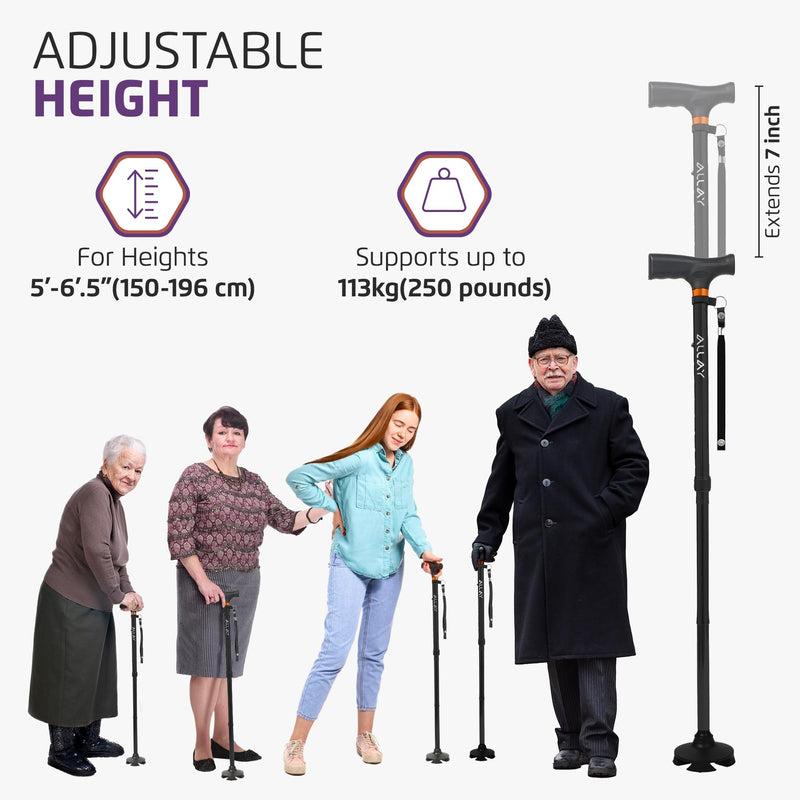 [Australia] - Allay Walking Cane for Men & Women - Foldable, Adjustable, Collapsible Walking Canes for Seniors Balance, Free Standing, Pivot Tip, Heavy Duty, with Travel Bag | Walking Sticks for Seniors & Adults Black 