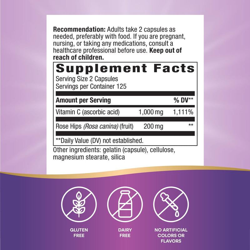 Nature's Way Vitamin C with Rose Hips, Immune Health*, 1,000 mg Vitamin C per Serving, 250 Capsules 250 Count (Pack of 1)