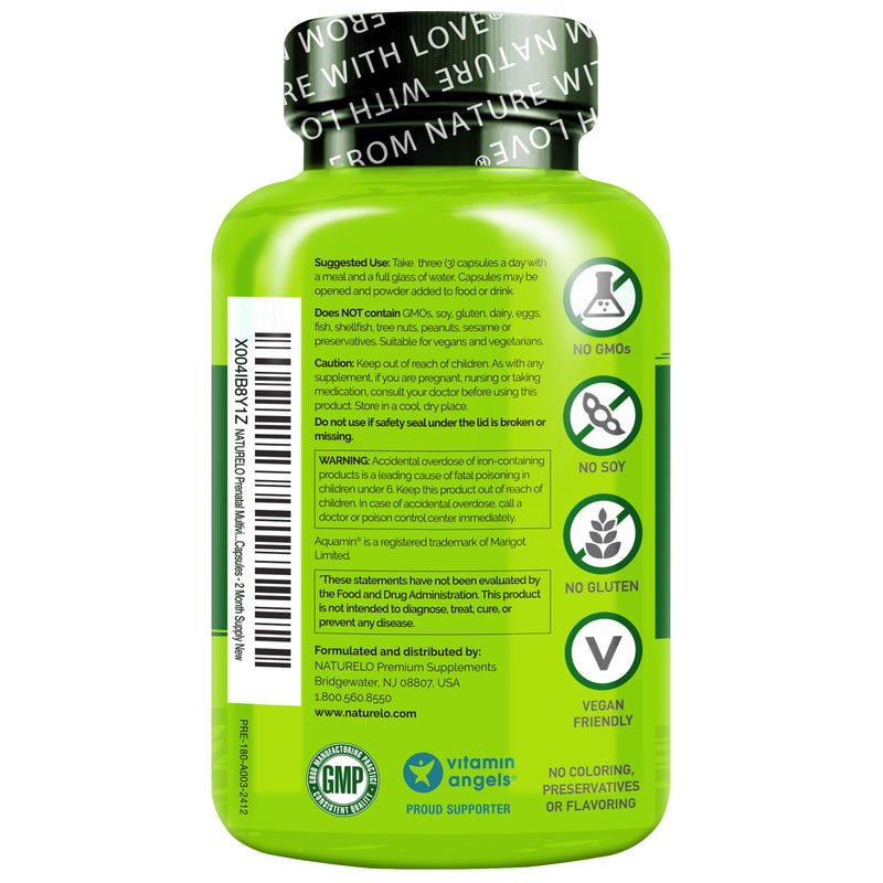 NATURELO Prenatal Multivitamin with Choline & Folate, 180 Capsules | Multivitamin with iron, plant calcium, vegan, vegetarian, Non-GMO, gluten free, 2 month supply 180 Count (Pack of 1)