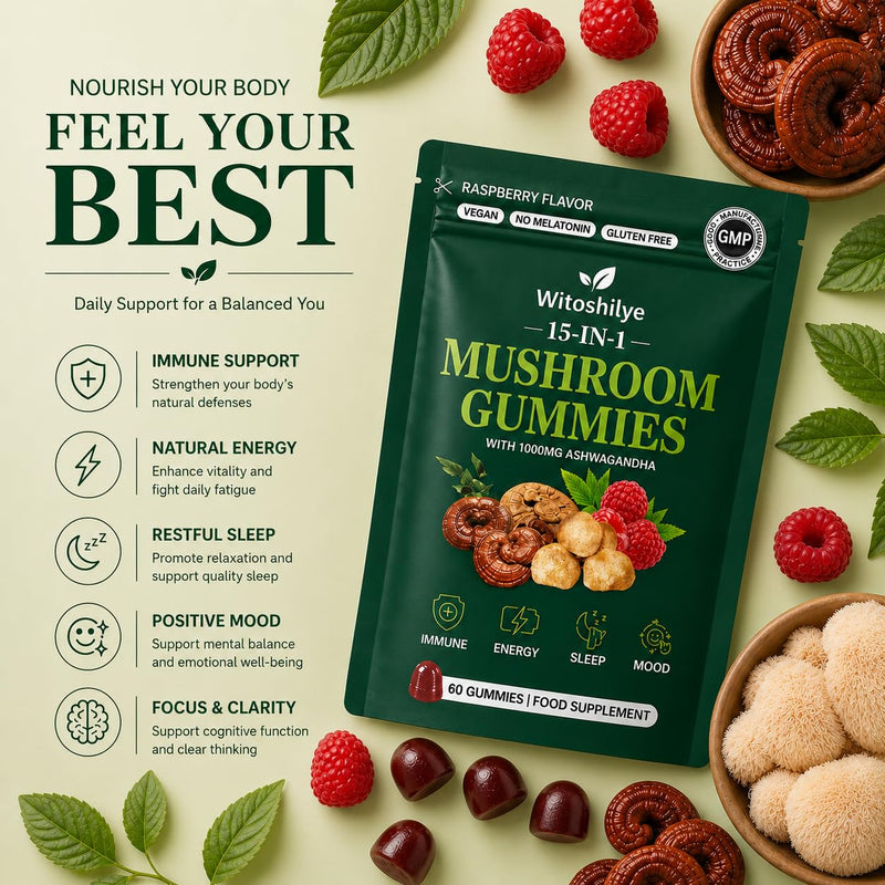 15-in-1 Mushroom Gummies with Lion’s Mane: Enhance Focus & Energy Mushroom Supplement, for Women and Men, Reish, Raspberry Flavor, 60 Gummies