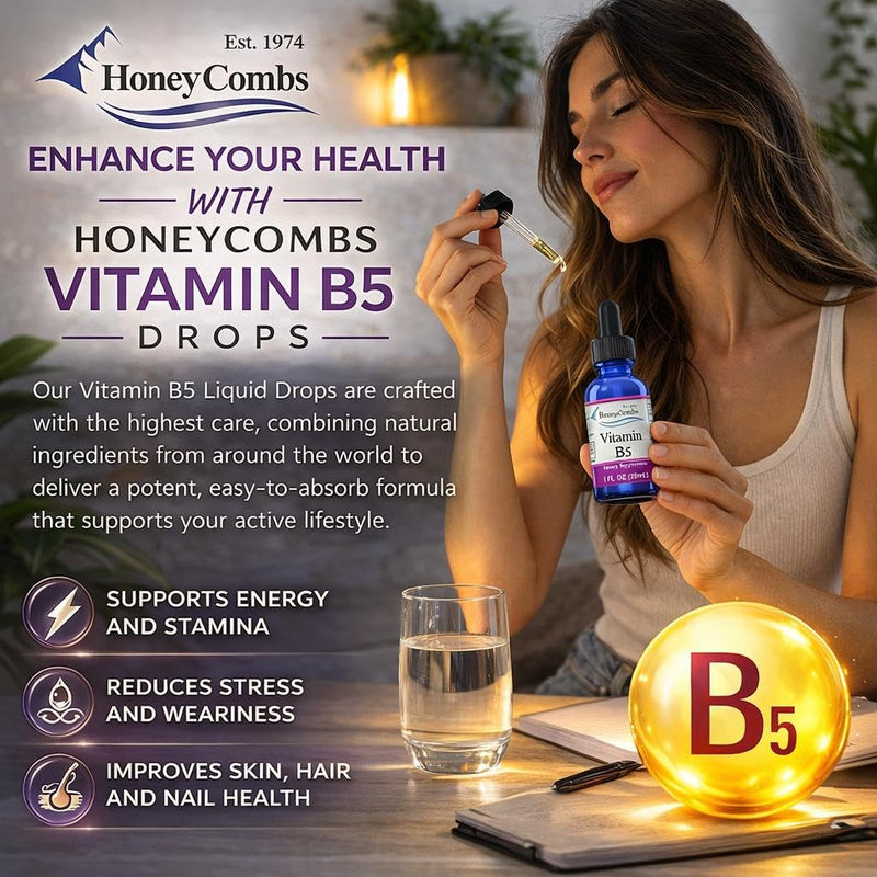 HoneyCombs Vitamin B5 Liquid Drops Pantothenic Acid, 1oz | Liquid Vitamin B5 (Pantothenic Acid) supports healthy energy metabolism with a fast-absorbing liquid formula 1 Fl Oz (Pack of 1)