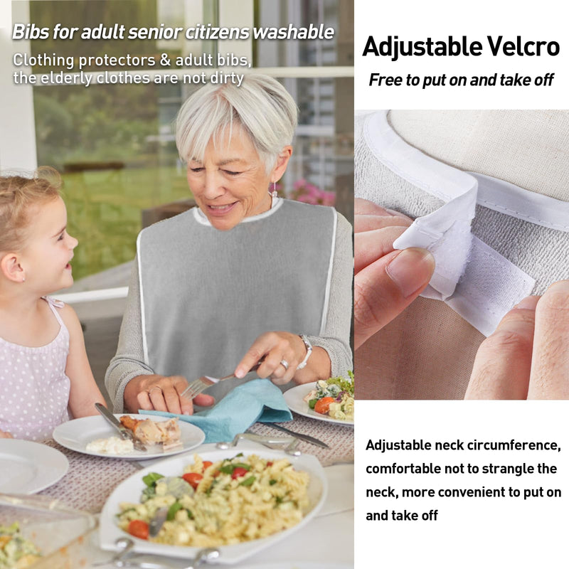 [Australia] - Pozico Terry Cloth Adult Bibs for Eating Women/Men/elderly Washable,Clothing Protectors & Adult Bibs with Debris Trap 4 Grey 