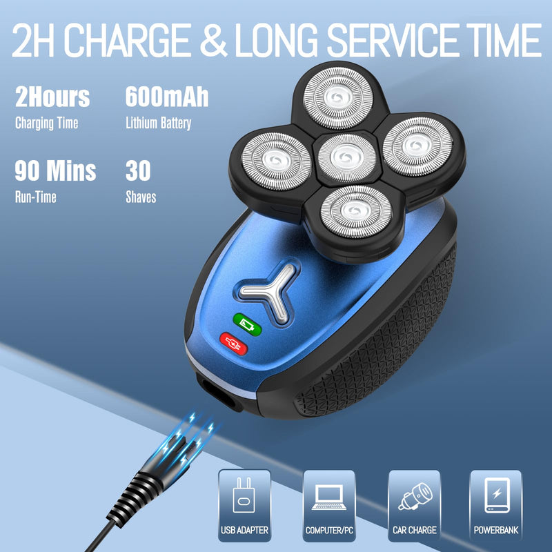 [Australia] - Head Shavers for Bald Men: 5-in-1 Electric Razor -Cordless Rechargeable Wet/Dry Body Hair Shaver IPX6 Waterproof Shaving Grooming Kit for Balder (Blue) (Blue) 