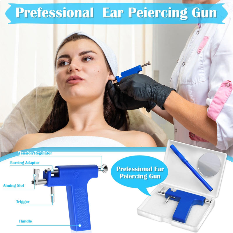 Ear Piercing Gun Kit with Earrings, Professional Ear Nose Piercing Gun with Ear Piercing Kit Surgical Steel Earrings for Salon At Home Piercing Kit Blue Gun With Ear Studs